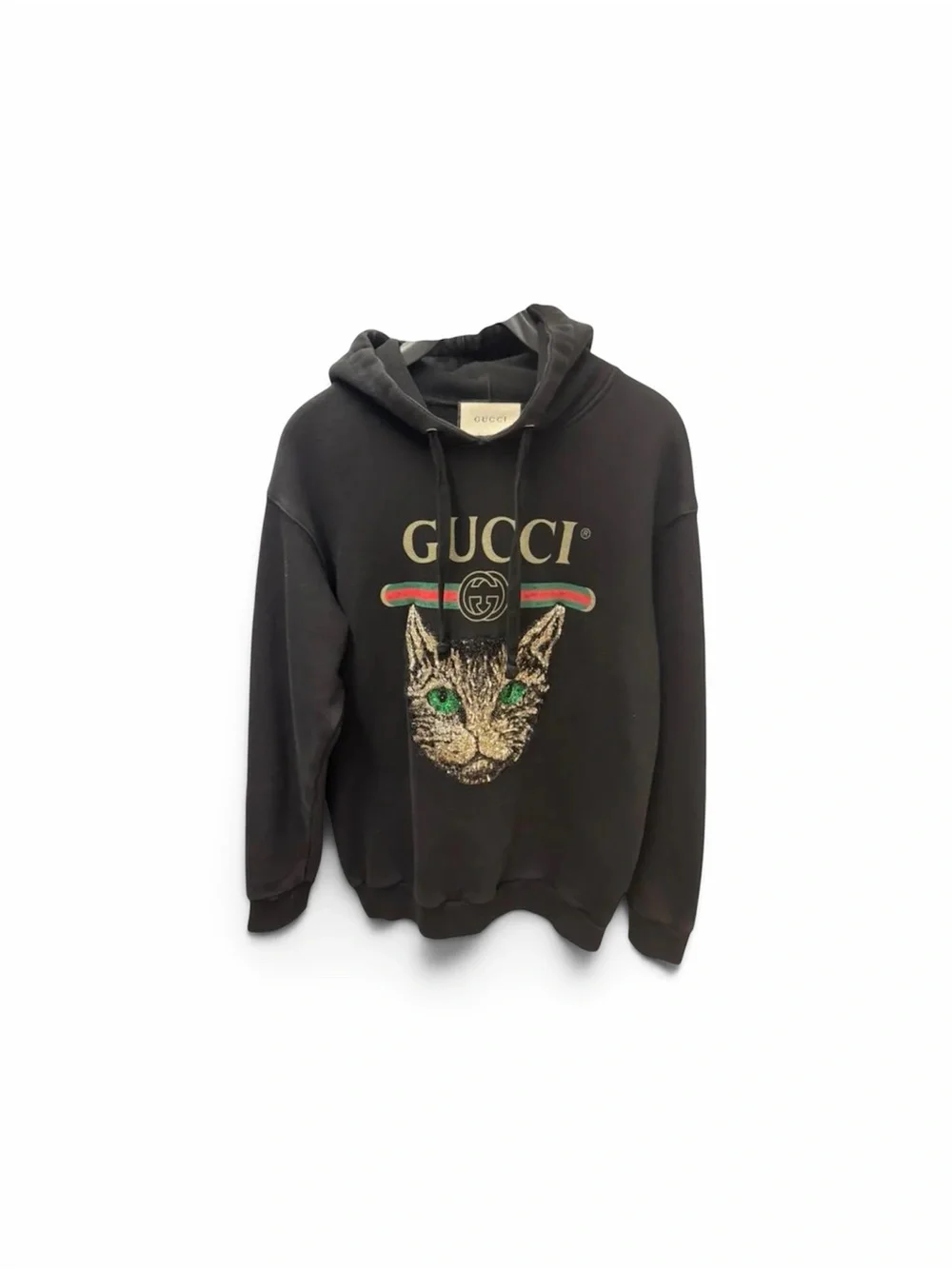 Gucci Black Hoodie with Gold Logo and Green-Accented Cat